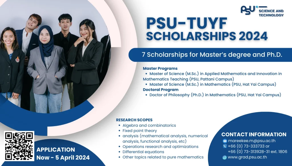 Call for Application for Master and Doctoral Studies under PSU-TUYF Scholarships, Academic Year 2024