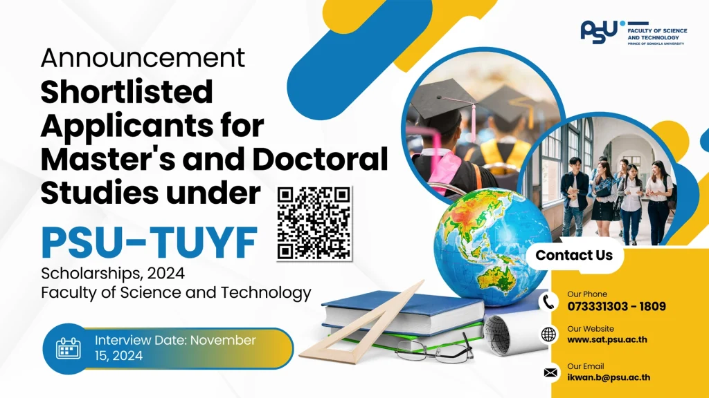 Announcement by Faculty of Science and Technology Shortlisted Applicants for Master and Doctoral Studies under PSU-TUYF Scholarships, Academic Year 2024