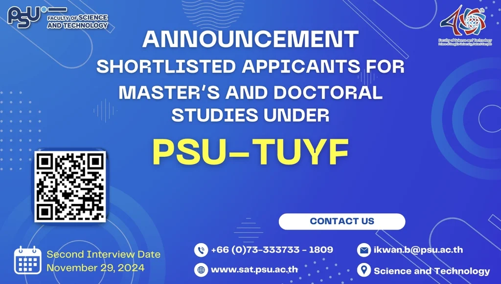 Announcement by Faculty of Science and Technology, Shortlisted Candidates who Passed the First Interview for Master and Doctoral Studies under PSU-TUYF Scholarships, Academic Year 2024